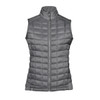 A grey women's thermal softshell vest with a zip front and a high collar, featuring quilted design and no sleeves.