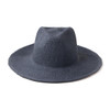 A dark grey straw hat with a wide brim and a round crown, featuring a subtle texture. Includes a logo.