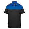 A men's polo shirt with a blue and black two-tone design, featuring a collar and buttons, along with a logo.