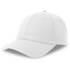 A white cap made from recycled and organic cotton, featuring a logo on the front.
