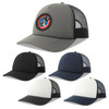 A trucker cap in grey with a logo, accompanied by black, navy, and white variations.