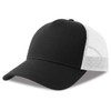 A black trucker cap with a white mesh back and a curved brim, featuring a logo on the front.