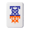 A white wireless charging powerbank featuring a logo in purple and orange.