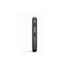 A sleek black solid state power bank with a slim profile and ports on one side, featuring a branding logo.