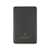 A solid black power bank with a gold logo on the front. Compact and portable design for charging devices.