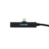 A charging cable in black with a robust design and a logo, featuring a USB-C connector on one end.