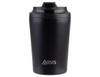 A black insulated coffee cup with a ceramic lining, featuring a lid and a small logo.