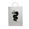 A white paper bag featuring a black snake design and a logo at the top.