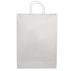 A white paper shopping bag with two handles and a plain exterior, featuring a branding logo.