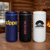 A drink bottle trio featuring a navy blue, black, and white vacuum tumbler with various logos.