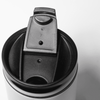 A drink bottle featuring a black lid with a secure opening mechanism, set against a white background.