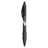 A black plastic pen with a textured grip and a logo on the barrel.