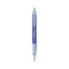 A blue plastic pen with a clear barrel and a grip, featuring branding on the side.