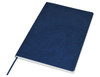 A navy blue A5 notebook with a textured cover and a ribbon bookmark, featuring a logo on the front.