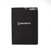 A black A4 notebook with a logo, featuring a sleek cover and a side pocket for cards.
