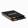 A pair of A4 notebooks in black and navy, featuring wooden pens and a logo on the front cover.