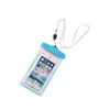 A waterproof phone bag in clear plastic with a blue top, featuring a lanyard for easy carrying.