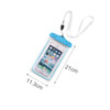 A waterproof phone bag with a blue top, featuring a clear front and a detachable strap. Dimensions are 21 cm by 11.3 cm.