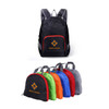 A collection of compact, foldable backpacks in black, green, orange, blue, red, and grey, each with a logo.