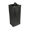 A drink bottle is encased in a black non woven single bottle bag with a rope handle and a rectangular base.