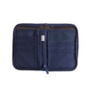 A navy blue passport holder with multiple compartments, including card slots and a mesh pocket, featuring a zip closure.