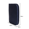 A navy passport holder with a zip closure, featuring dimensions of 185mm by 125mm by 20mm.