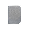 A grey passport holder featuring a textured fabric finish and a subtle logo.