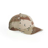 A camouflage cap in shades of brown and beige with stitching details and a branding logo on the side.
