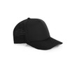 A black perforated cap featuring a solid front and ventilated side panels, includes a logo.