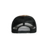 A black and brown mesh cap with a snapback closure, featuring a contrasting camo pattern.