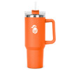 A drink bottle in vibrant orange with a clear lid and straw, featuring a logo on the side.