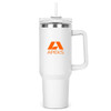 A drink bottle in white with a clear lid and straw, featuring a logo. It has a sturdy handle for easy carrying.