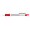 A plastic pen with a white barrel, red grip, and red clip, featuring the text "On-Time Delivery" printed on the side.