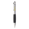A metal pen featuring a silver barrel and black grips, with a logo on the side.