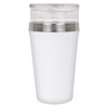 A drink bottle in white with a stainless steel band and a clear lid, featuring a logo.