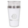 A drink bottle in white with a stainless steel lid and a logo. Ideal for hot or cold beverages.