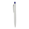 A plastic pen in white with a purple top and a clip, featuring a logo.