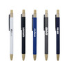 A collection of bamboo click pens in white, black, blue, dark grey, and natural finishes, each with a clip and branding.