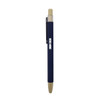 A navy and bamboo click pen with a sleek design and a clip for easy attachment. Features a logo on the barrel.