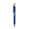 A blue bamboo click pen with a wooden clip and a logo on the body.