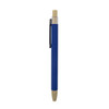 A blue pen with a bamboo tip and clip, featuring a sleek design and a silver accent. It has a logo on it.