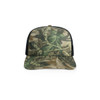 A camo trucker cap featuring green and tan patterns with a black mesh backing and a solid front.