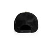 A black mesh trucker cap featuring a snapback closure and a branded logo on the adjustable strap.