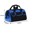 A tool bag in black and blue, featuring multiple pockets and a durable handle. It has a rectangular shape.
