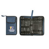 A blue tool kit bag with a pocket, featuring various tools and a logo. The interior has a black design with tool outlines.