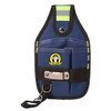 A portable tool waist pouch in navy blue with yellow highlights and a logo. Features multiple pockets and a clip.