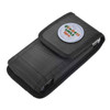 A black phone pouch with a belt clip and a circular logo on the front.