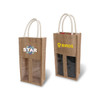 A jute double wine carrier with a window, featuring natural brown fabric and light-coloured handles, with logos.