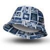 A navy bucket hat featuring a white tropical print design, with a logo on it. The interior is lined in white.