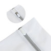 A white mesh laundry bag with a zipper closure and a circular inset highlighting the zipper detail.